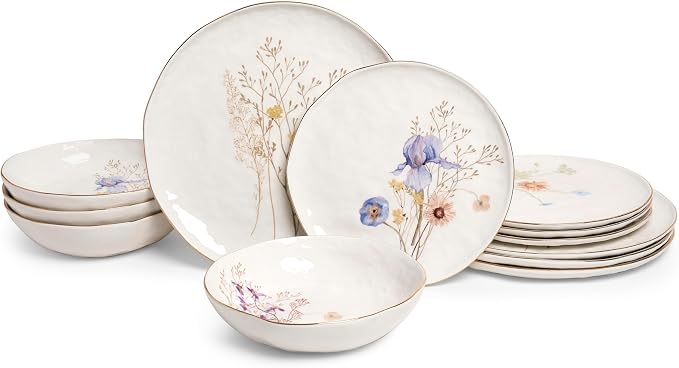 Sango 12-Piece Luxury Porcelain Dinnerware Set for 4- Glossy White Plates and Bowls Sets with Wildflower Patterns and Gold Rims, Ceramic Dish Set, Elegant Dishes for Everyday Dining, Gansevoort