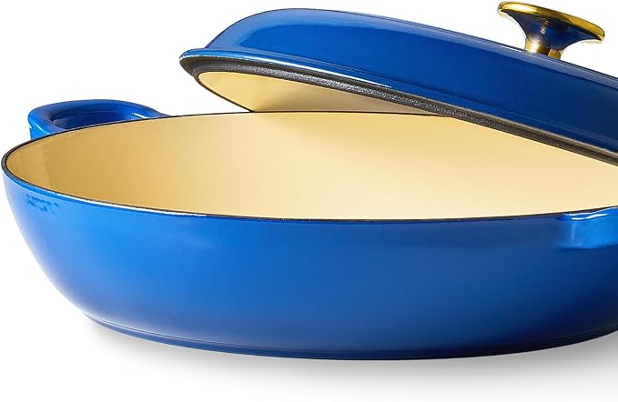 CAROTE 3.4QT Enamel Cast Iron Cookware, Skillet with Lid, Blue Dutch Oven | Shallow Round Braiser Pan Oven Safe, Non-Toxic Pot for Grilling, Searing, Baking, Dual Handles, All Stovetop Compatible