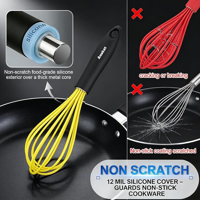 Anaeat Silicone Whisk, Thick Stainless Steel Wire Inner Heat Resistant - Kitchen Whisks for Non-Stick Cookware, Balloon Egg Beater for Whisking, Blending, Beating, Frothing & Stirring (Yellow)