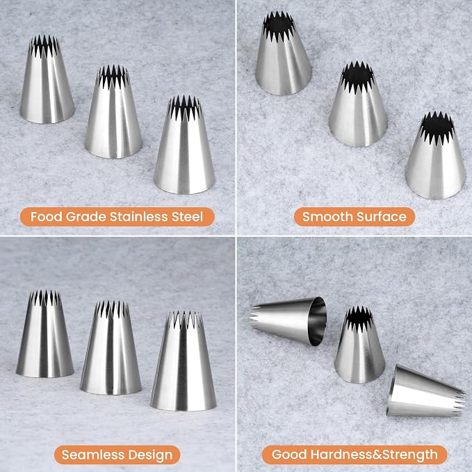 3Pcs Churro Piping Bags and Tips Set,Stainless Steel 9FT Icing Tips Set with 10Pcs Disposable Piping Bags,Open Star Pastry Tips for Cake Decorating
