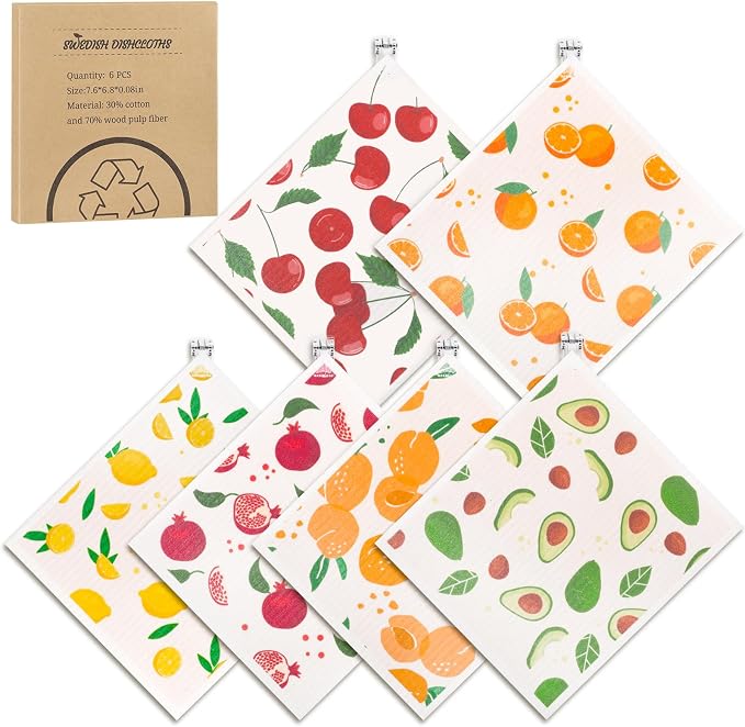 6 Pack Fruit Swedish Dishcloths for Kitchen,Swedish Rags Dish Towels | Reusable Paper Towels with Clips Washable Absorbent Cellulose Sponge Cloths for Countertop Dishes Cleaning