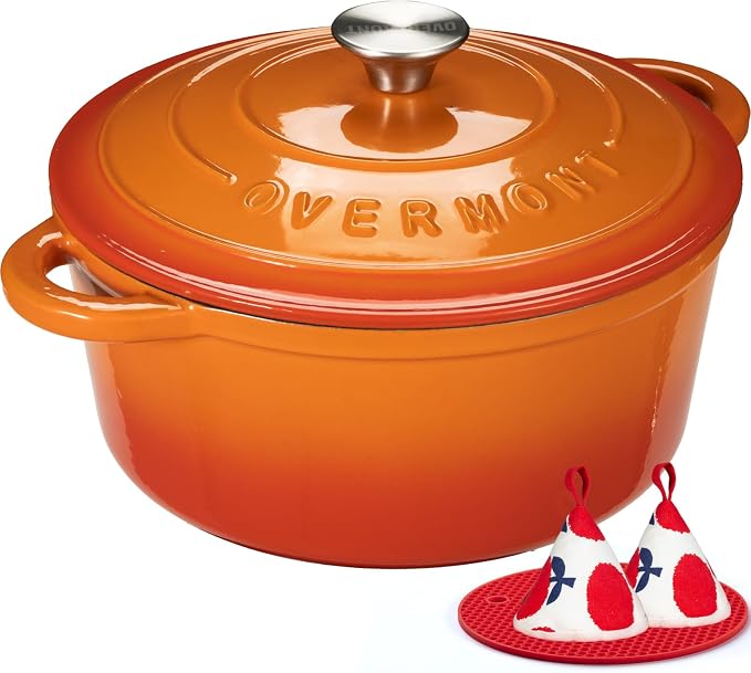 Overmont Enameled Cast Iron Dutch Oven - 7QT Pot with Lid Cookbook & Cotton Potholders - Heavy-Duty Cookware for Braising, Stews, Roasting, Sourdough Baking orange