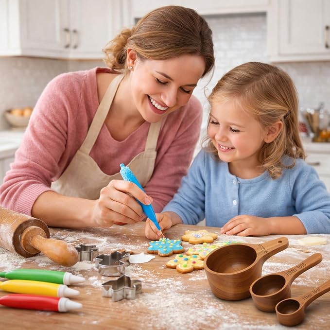 Wooden Measuring Cups and Spoons Set - Eco-Friendly Solid Acacia Wood, Laser Engraved Measurements, Perfect for Baking & Cooking - Ideal for Bakers (4-Pc Small Acacia Measuring Cups)