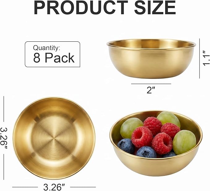 tifanso 8PCS Small Stainless Steel Dipping Bowls for Sauce & Condiments | 3.5oz, For Soy Sauce Ketchup Seasoning & Appetizers, Perfect for BBQ Party Camping & Charcuterie, Easy to Clean, Gold