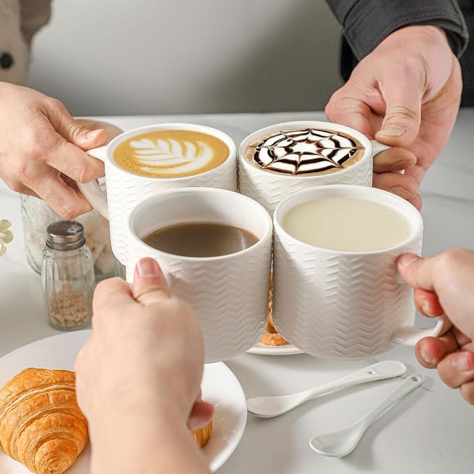 HASENSE 12oz Stackable Coffee Mug Set of 4 with Rack, Embossed White | Ceramic Coffee Mugs, Porcelain Coffee Cups for Latte, Cappuccino,Microwave Dishwasher Safe