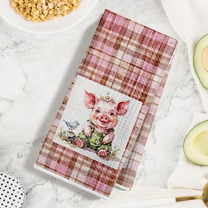 Jztco 2 Pcs Cute Pig Kitchen Towels, Plaid Pink Soft Absorbent Hand Towels | Pig Gifts for Women Mom Grandma Microfiber Dish Cloths for Drying Dishes, Waffle Dish Towels for Kitchen Bathroom Decor