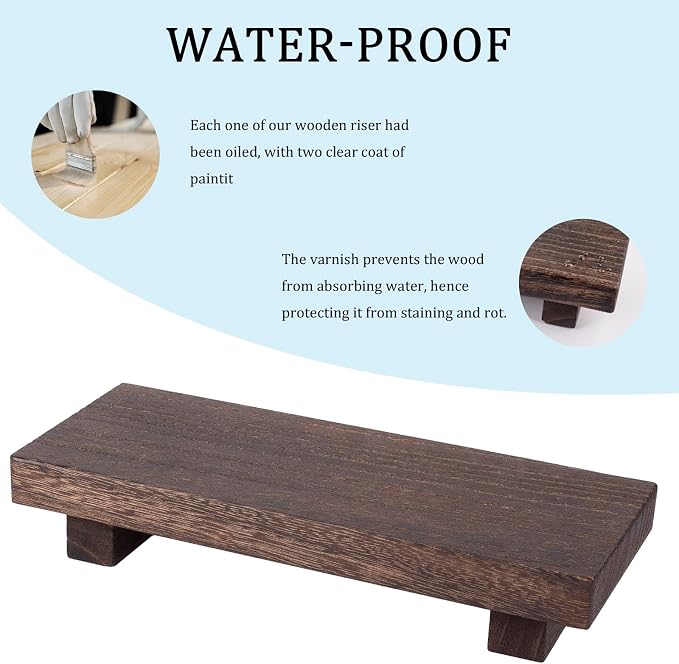 Wood Bathroom Tray Farmhouse Decor Kitchen Soap Holder 8.7"x3.6" Dark Brown | Waterproof, Lightweight, Easy Clean, Small Wooden Riser Pedestal Stand Accessories for Office Desk, Vanity, Counter, Sink