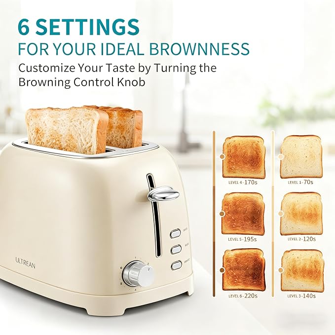 Ultrean Toaster 2 Slice with Extra-Wide Slot for Toasting Bagels, Breads, Waffles & More, Stainless Steel Material with Removable Crumb Tray, 6 Browning Settings