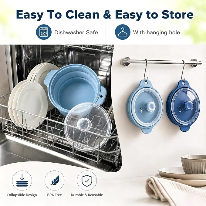 42oz Silicone Microwave Steamer For Cooking, Collapsible Food Steamer For Vegetable, Seafood, Soup, Leftovers, Rice Cooker, BPA Free Steam Pot with Handle & Lid, Dishwasher Safe (Dark Blue), 1 Pack