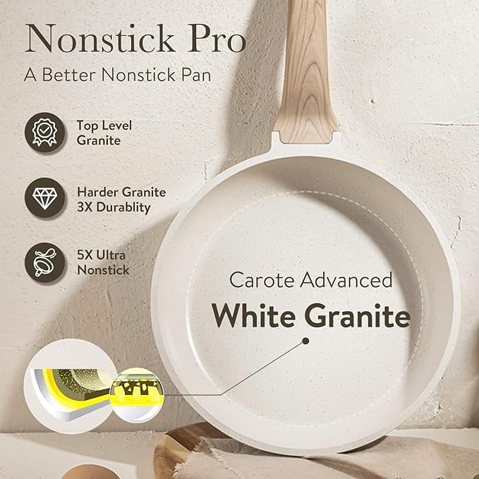 CAROTE Non Stick Frying Pan, 10 Inch White Granite Skillet with Glass Lid | Non Toxic Kitchen Healthy Cookware, Compatible with All Stovetop, Dishwasher Safe, PFOA Free