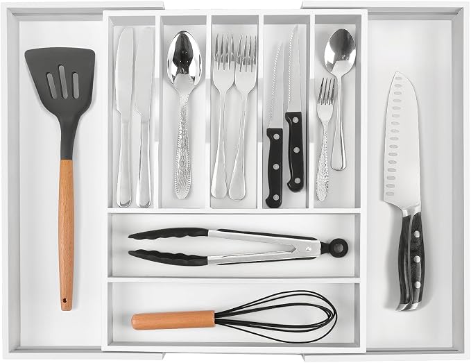 Large Premium Bamboo Silverware Organizer - Expandable Utensil Drawer Organizer - 17"x19.6" Utensil Holder and Cutlery Tray with Grooved for Kitchen Flatware and Utensils(7-9 Slot, White)