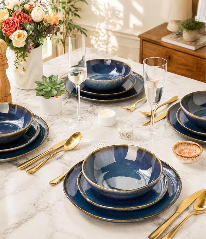 AmorArc Ceramic Dinnerware Sets for 4, 12Pcs Plates and Bowls Sets Dishes | Stoneware Handmade Reactive Glaze Dinner Set, Highly Scratch Resistant | Dishwasher & Microwave Safe Dishware