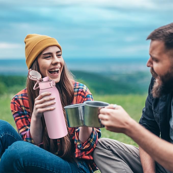 Insulated Water Bottle 24 oz with Dustproof Lid, Carry Handle & Tea Infuser, BPA-Free & Leakproof, Stainless Steel Water Bottles Ideal for Fitness, Hiking, Office & Outdoor Use （Water Pink）