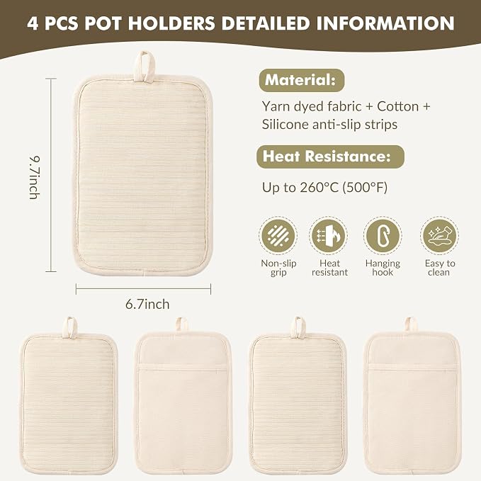 LEEPENK10Piece Pot Holders for Kitchen Heat Resistant,4 Beige Pot Holder with Non-Slip & 4 Japanese Pattern Potholders,Plus 2 Mini Oven Mitts,Hot Pads for Cooking Hot Dishes,Kitchen Aid Pot Holders
