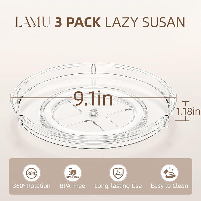 LAMU 3 Pack Lazy Susan Organizer, 9'' Clear Lazy Susan Turntable for Cabinet, Fridge, Kitchen, Pantry, Countertop, Table Top, Refrigerator Organizers and Storage, Seasoning and Spice Organizer