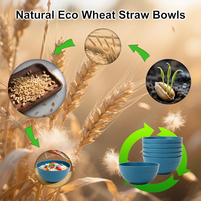 Big Salad Bowls for Kitchen, Premium 60oz Wheat Straw Bowls Set of 6, Unbreakable Cereal Bowls Popcorn Bowls Reusable, Microwave Safe Salad Bowls Large Serving for Fruit,Rice and Oatmeal- Blue