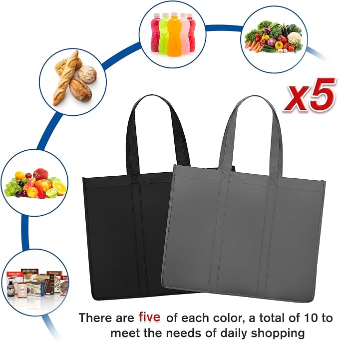 Reusable Grocery Shopping Bags 10 Pack Large Foldable Tote Bags Bulk | Eco Produce Bags with Long Handle for Shopping Groceries Clothes (Dark Grey & Black)