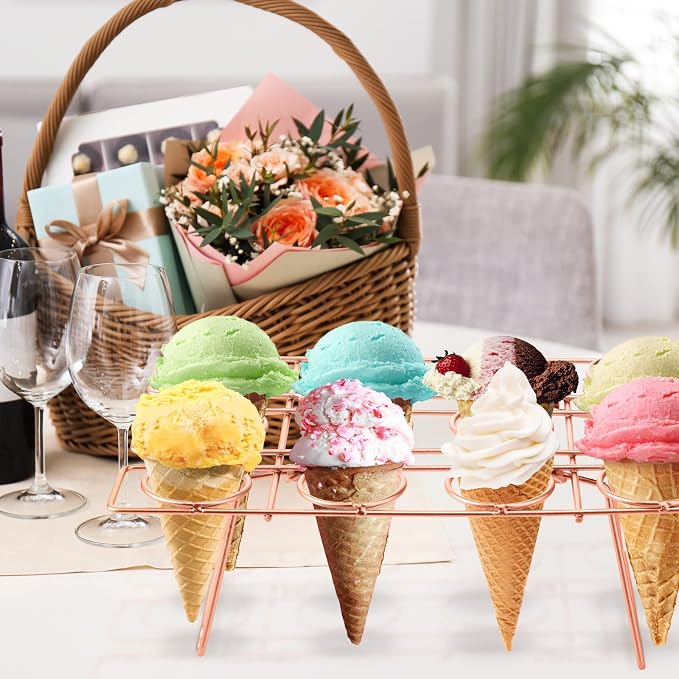 Patelai 2 Pack Ice Cream Cone Baking Racks 12-cavity Cupcake Cone Holders Cupcakes Display Stands Cooling Racks for Home Kitchen Baking Cooking Ice Cream Tools Supplies(Rose Gold)
