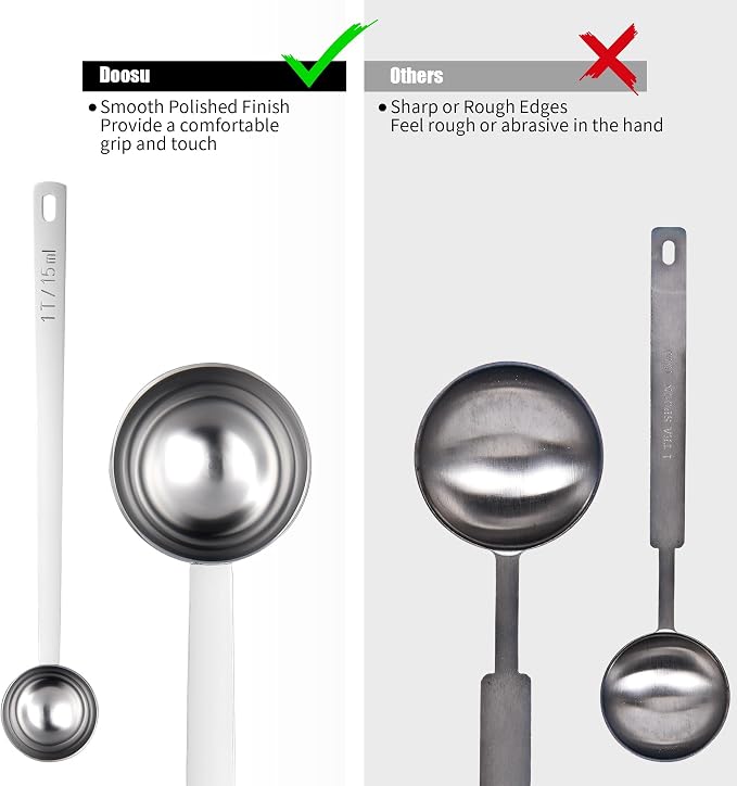 Doosu Metal 6.9in Long Handle Coffee Scoop for Ground Coffee (1 & 2 Tbsp) | Food-Grade 18/8 Stainless Steel Measuring Spoon, Tablespoon Scooper for Coffee Beans, Espresso, Protein Powders, Tea, Sugar