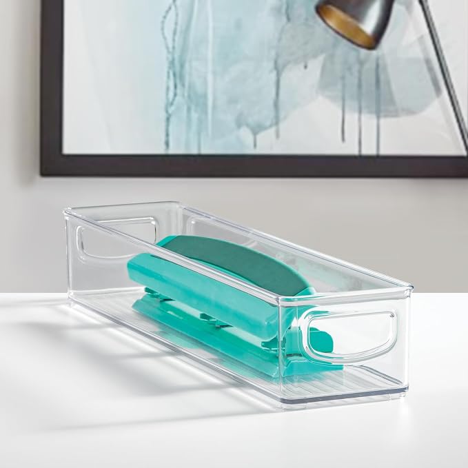 iDesign Slim Clear Plastic Storage Bin, Extra Long Narrow, 4-Pack | Stackable, For Kitchen and Pantry
