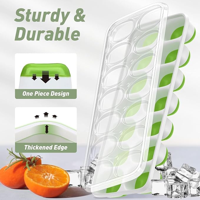 ChefAide Ice Cube Tray with Lid and Bin, 3 Packs 42 Cubes Silicone Plastic Ice Cube Trays for Freezer, Stackable Ice Tray with Container, Ice Scoop for Drinks, Coffee and Cocktails