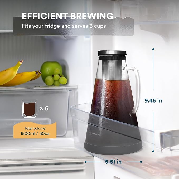 OVALWARE Airtight Cold Brew Coffee Maker with Tea Infuser & Spout 1.5L/51oz | Borosilicate Cold Brew Coffee & Iced Tea Maker with Removable Strainer & Spout | Ideal for Home Baristas & Tea Enthusiasts