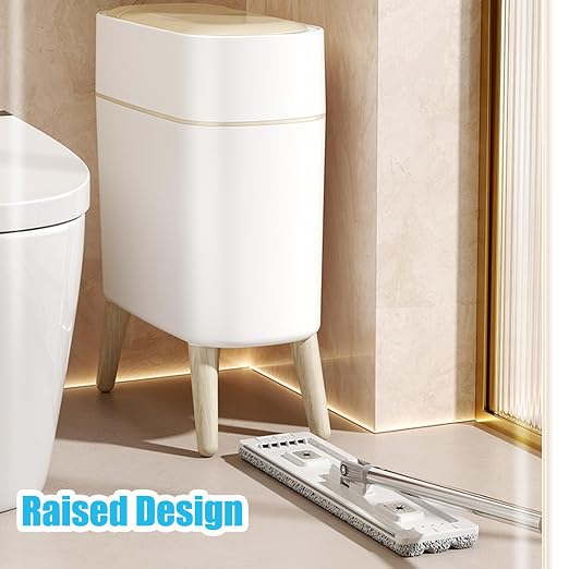 Yatmung 2 Pack - Motion Sensor Trash Can with Lid - Slim Smart Garbage Can | Waste Basket for Bedroom, Office, Kitchen, Living Room - Automatic Trash Can Bathroom Touchless - White with Wooden Legs