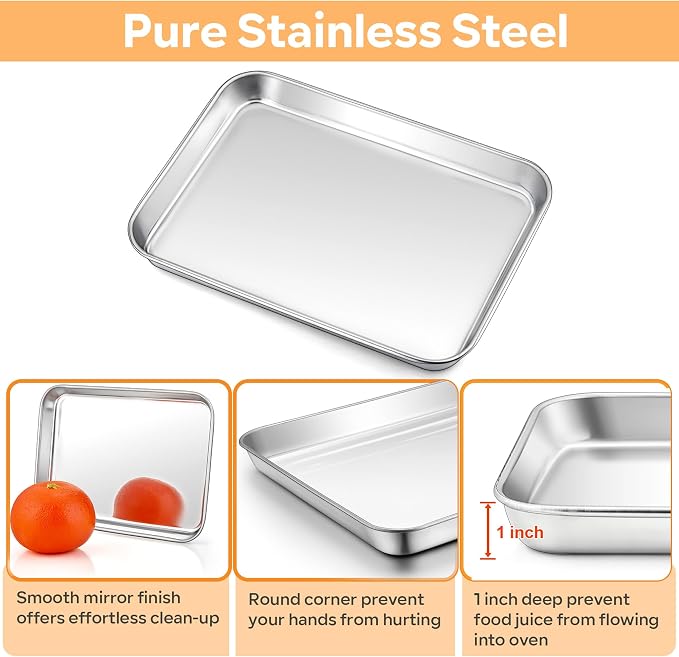 TeamFar Cookie Sheets with Cooling Racks, 2 Pans + 2 Racks, 10.5x8x1 Inch | Stainless Steel Small Toast Oven Tray Pan with Grid Rack for Baking Roasting Cooling, Non-Toxic & Heavy-Duty, Dishwasher Safe