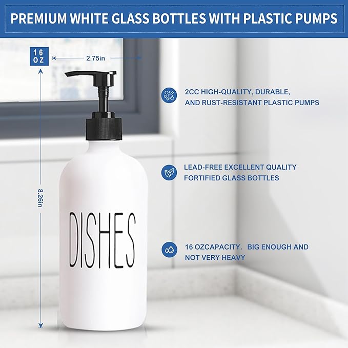 COHOSEGE 16 Oz Glass Soap Dispenser Set 2 Pack for Kitchen Sink,Contains Hand and Dish Soap Dispenser,White Kitchen Utensils