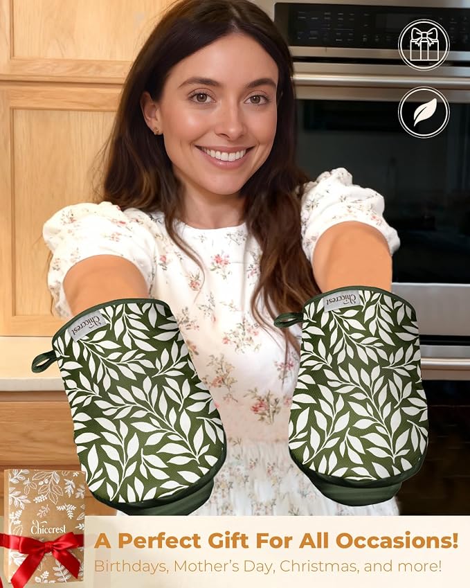 100% Thick Cotton Mini Oven Mitts Silicone Grip Green Leaf | Elegant Classic Oven Mitts for Women, Machine Washable, Non-Slip, Reversible Design Fits Both Hands, Stylish Kitchen Decor