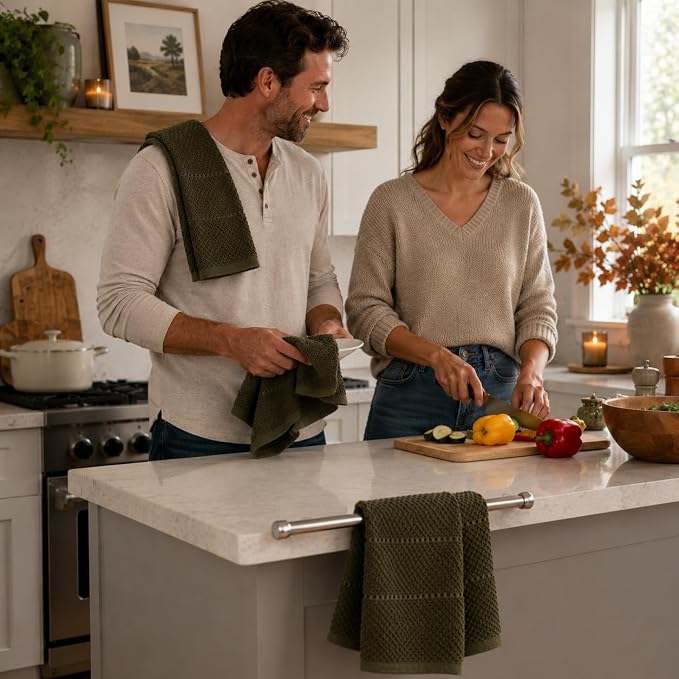 Olive Green Kitchen Hand Dish Towels, Set of 3, 100% Cotton, 18" x 28" | Terry Loop Ribbed Textured, Soft & Absorbent Cleaning Cloth, Quick Dry, Multipurpose for Everyday Use