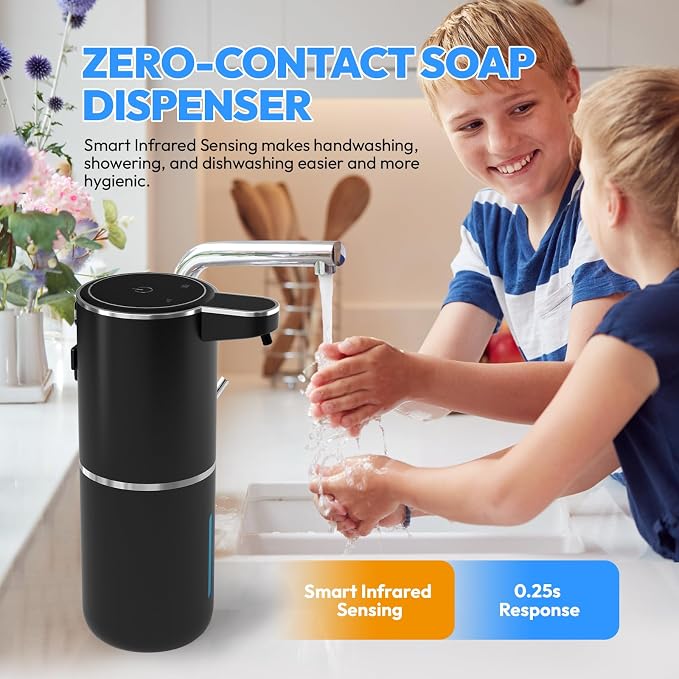 Automatic Foaming Soap Dispenser,Touchless Foam Soap Dispenser,12.8oz Rechargeable Wall Mounted Smart for Bathroom and Kitchen Dish Soap,Easy for Toddlers(Black)