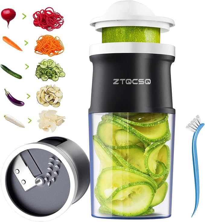 5 in 1 Safe Vegetable Mandoline Slicer for Kitchen, Adjustable Thickness | Zucchini Spiralizer Veggie Noodle Maker for Cucumber/Zoodle/Salad/Spaghetti/Pasta with Food Container, Cleaning Brush, Black