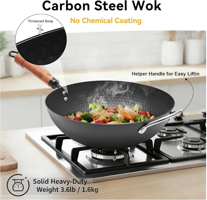 WANGYUANJI Carbon Steel Wok with Lid, 12.6" Hammered Stir Fry Pan with Helper Handle & Iron Spatula, Thickened Heavy Duty Flat Bottom Wok for Induction, Electric & Gas Stoves, Metal Utensil Safe