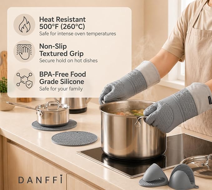 Silicone Oven Mitts and Pot Holders 6 Piece Set, Heat Resistant 500°F Extra Long Oven Gloves with Cotton Lining, Non-Slip BPA-Free Hot Pads and Pinch Mitts for Baking BBQ Cooking (Gray)