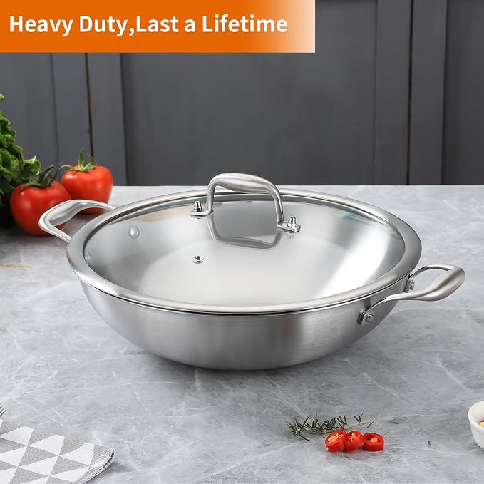 DELARLO Tri-Ply Stainless Steel Flat Bottom Wok, 13 Inch Braiser Pan with Lid, Durable Large Frying pan, Fast Even Heat Saute Pan, Non Toxic Pan for Cooking, Oven Broiler Safe 600F(Not lids)
