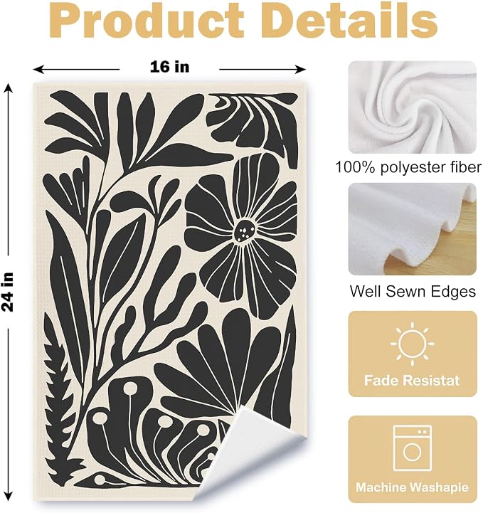 Abstract Boho Neutral Floral Kitchen Towels Set of 2, 70s Retro Groovy Beige Black and White Botanical Dish Tea Towels for Kitchen Bathroom Decor, Mid Century Modern Hand Towels, 16x24in
