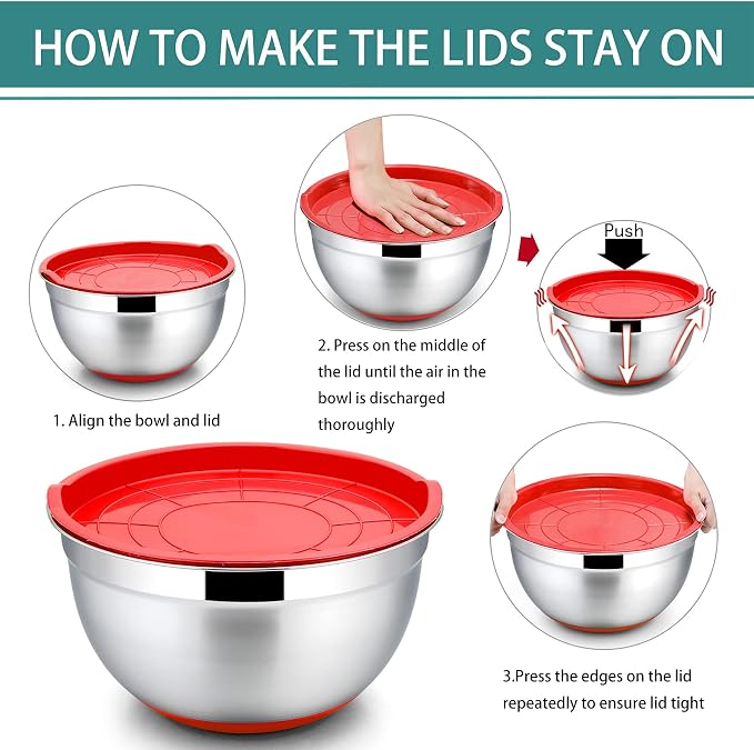 P&P CHEF Stainless Steel Mixing Bowls With Lids, Set of 6, Multicolor | Salad Nesting Mixing Bowls & Fitting Lids & Non-Slip Silicone Bottom, Ideal for Mixing, Storing, Size 0.7/1/1.5/2.5/3/4.6 Qt
