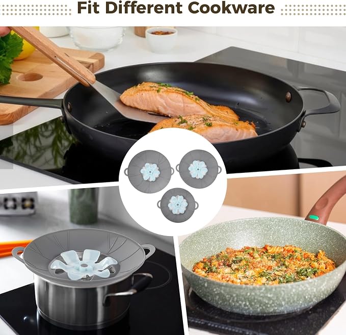 3 Pcs Silicone Spill Stopper Lids, 3 Sizes Splatter Covers, Reusable Lids with Flower Vent, Universal Pot Covers, Boil-Over Protectors, Safe for Microwave, Oven, Stovetop, Dishwasher