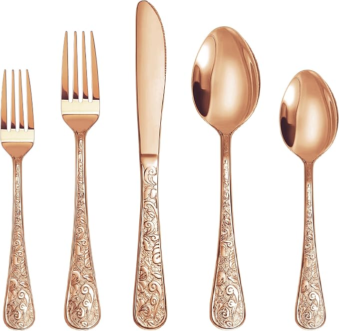 Runfly Vintage Carved Rose Gold Stainless Steel 20-Piece Flatware Set | Silverware Set, Modern Embossed Cutlery Set Utensils Kitchen Including Fork Spoon and Knife