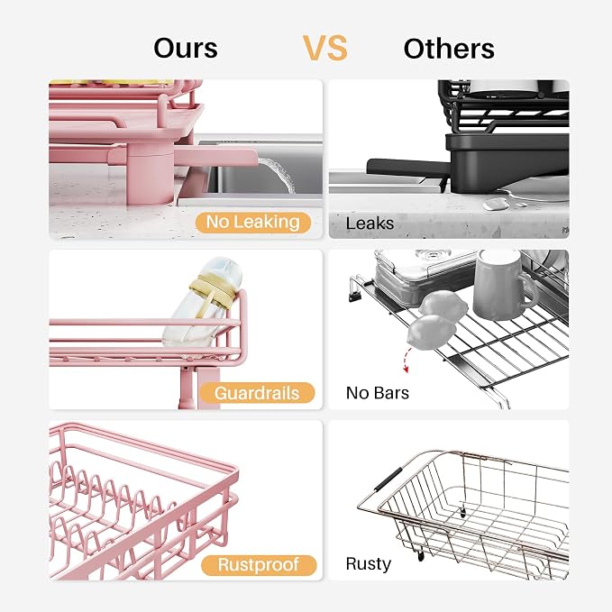 SNTD Expandable Dish Drying Rack for Kitchen Counter, Stainless Steel, Pink | Foldable Over Sink, Large Capacity, Adjust to Fit Most Sinks, Angled Drainboard, Removable Utensil Holder, Slip Resistant