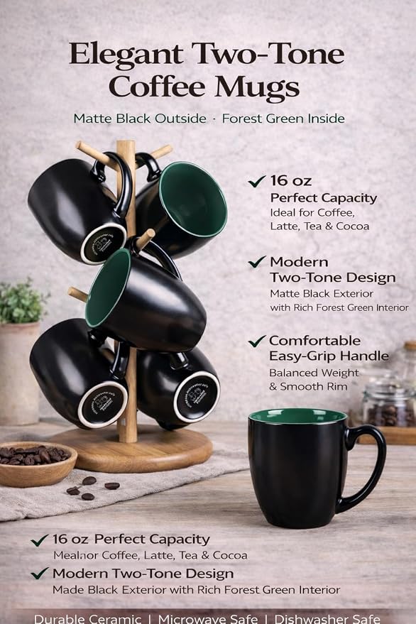 GBhome 16 oz Coffee Mugs Set of 6, Ceramic Coffee Cups- Green