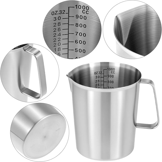QWORK 304 Stainless Steel Measuring Cup 32 OZ with OZ/ML Graduations, 4 Cup Kitchen Mixing Pitcher, Precision Engraved Markings, Container for Baking and Frothing, 1 Liter