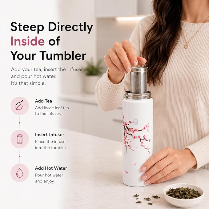 22 oz Ceramic Lined Tea Infuser Travel Tumbler, Micro-Mesh Stainless Steel Infuser, Pure Taste Ceramic Interior, Triple Insulated 12hr Hot Cold, Dual Sip & Straw Lid, Scratch-Resistant