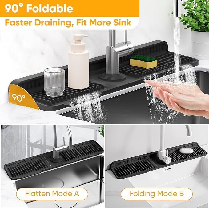 24'' Longer Faucet Mat for Kitchen Sink Splash Guard[7° Slope Fast Self-draining][Snap Lock Fit]Kitchen Sink Faucet Mat Splash Guard Kitchen Sink Area Water Splash Guard Behind Faucet Draining Mat