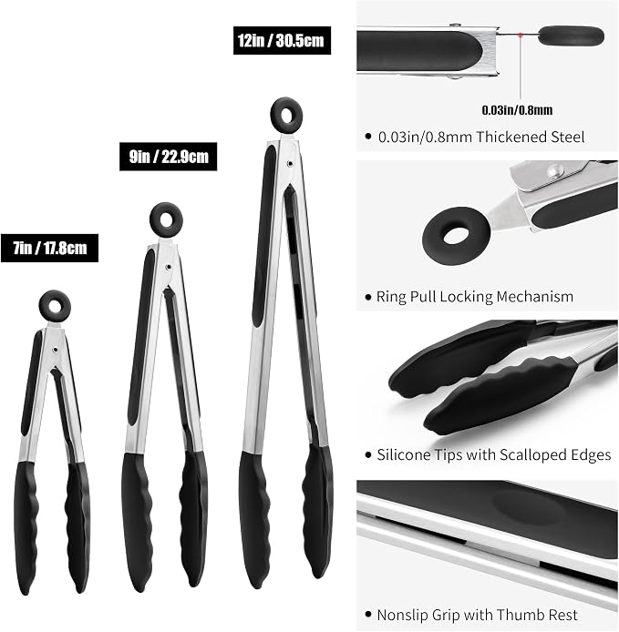 Doosu Kitchen Tongs with Silicone Tips for Cooking Serving (3Pcs, Black) | 600°F Heat Resistant Food Tong, Heavy Duty Stainless Steel Locking Tong for BBQ, Grilling Steak, Salad, Toast, Pasta