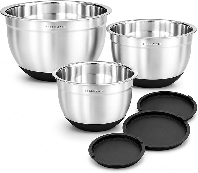 Bellemain Stainless Steel Mixing Bowls with Airtight Lids Set - Set of 3 | Non-slip Silicon Base, Kitchen Essentials for Baking & Serving (Mix, Serve, and Store), Rust resistant, Dishwasher Safe