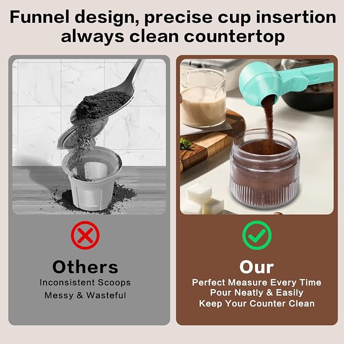 2-in-1 Coffee Scoop with Funnel, 2 Tbsp Measuring Spoon for Reusable K Cups, Ground Coffee, Protein Powder & Tea, Mess-Free Plastic Design（Light Green-1pack）