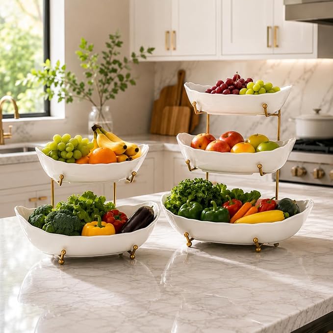 HBlife Large Tiered Fruit Bowl for Kitchen Counter - 2 Tier Ceramic Fruit Basket, Serving Trays for Party, Gold Rack