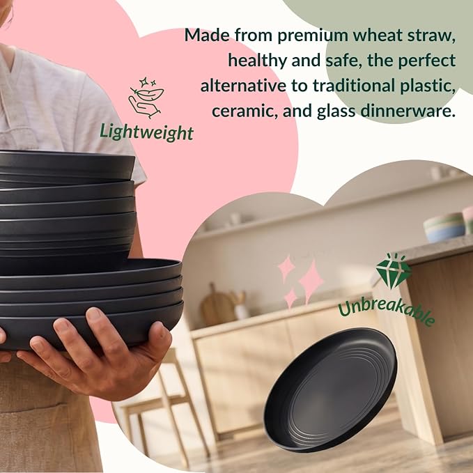 Wheat Straw Dinnerware Sets, Homienly 20pcs Unbreakable Microwave Dishwasher Safe Tableware Lightweight Bowls, Cups, Plates Set Reusable Dinner Plates Bowls set (Matte Black)